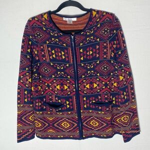 Alia Multicolor Geometric Patterned Zip Front Cardigan Sweater LP